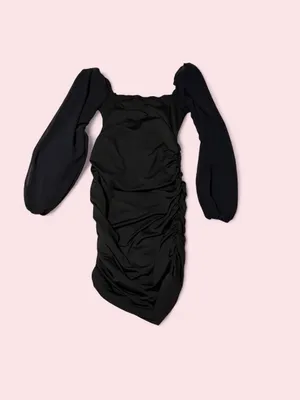 SHEIN Black Off-Shoulder Ruched Mini Dress with Bishop Sleeves size small tall thumbnail 2