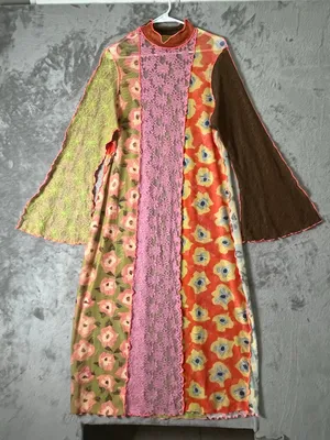 CeliaB Patchwork Floral Lace Bell Sleeve Dress Boho Cottagecore Whimsical Large thumbnail 1