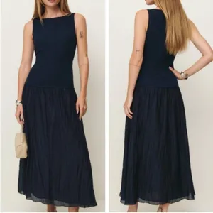 NWOT Reformation Cyra dropped waist pleated skirt dress midnight navy blue sz 0 thumbnail 2