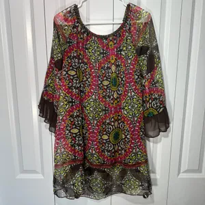 Mini Dress Off Shoulder L Bell Sleeve Paisley Sheer Boho Festival Hippie Gypsy thumbnail 2