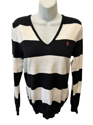 VTG 90’s Y2K Ralph Lauren Sport Rugby Stripe Pima Cotton V Neck Sweater M Black thumbnail 1