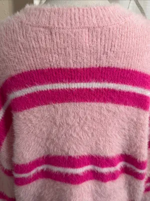 No Boundaries Pink Fuzzy Crewneck Sweater with Hot Pink Stripes thumbnail 5