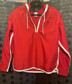 Vintage Reebok Windbreaker unisex LG 1990s Hooded Retro Red Semi Zip Nylon thumbnail 1