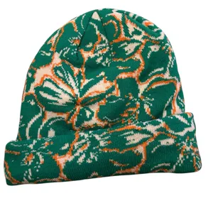 New FREE PEOPLE Jumping Jacquard Beanie Green Floral knit hat FP Movement thumbnail 3