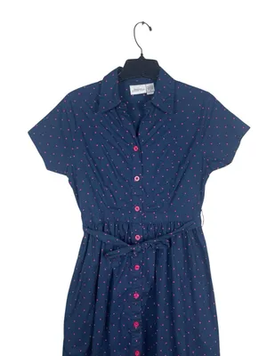 Vermont Country Store S Navy Pink Polka Dot Shirt Dress Cotton Tie Waist Cottage thumbnail 4