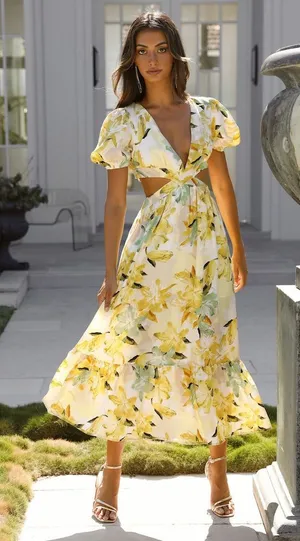 Hello Molly Feelin Florals‎ Midi Dress Yellow Medium thumbnail 1