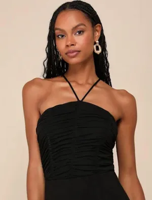 Lulus NWT Coy Favorite Black Mesh Ruched Halter Bodysuit thumbnail 2