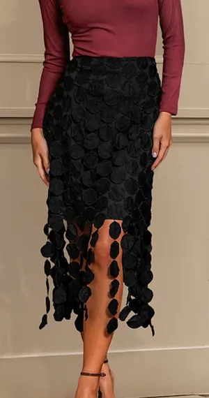 Cupshe Black Command Attention Circle Fringe Trim Midi Skirt Size L thumbnail 1