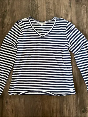 Toad&Co Striped Long Sleeve V-Neck Top Medium Navy Blue White Organic Cotton thumbnail 9