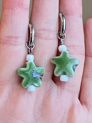 Handmade green ceramic star boho fairy cottage y2k hoop earrings⭐️💚 thumbnail 5