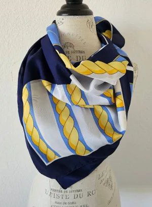 Vintage Nautical Square Scarf Gold Rope Link Navy Blue Sky Blue White 31x31​ thumbnail 1