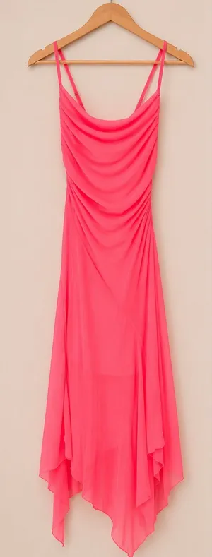 Haute Monde Neon Pink Draped Mesh Asymmetrical Maxi Dress Size S thumbnail 1