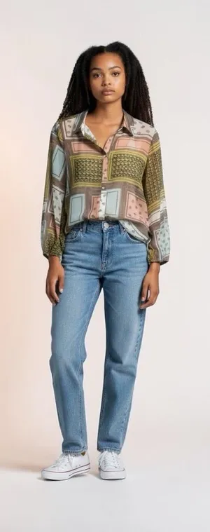 Lg BUCKETLIST Patchwork Print Long Sleeve Blouse in Olive, Pink and Cream thumbnail 1
