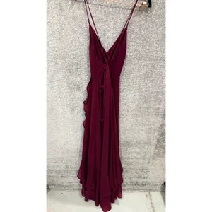 Lulus Women Maxi Dress S Burgundy Cascading Ruffles Lace Up Back 66642 thumbnail 3
