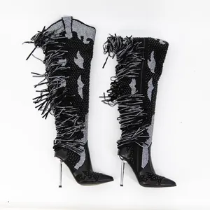 Azalea Wang Crewe Black Silver Crystal Embellished Fringe Western Boots Shoes 6 thumbnail 4