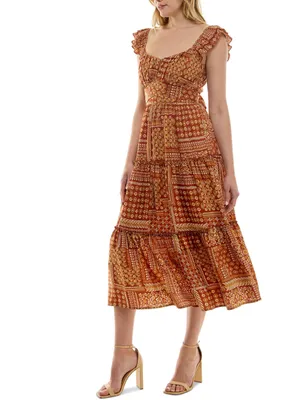 NWT Trixxi Rust Orange Tiered Patchwork-Print Ruffled-Strap Midi Dress Sz Large thumbnail 6