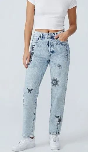 PacSun los angeles graphic jeans acid wash Skelton dreamland 28 thumbnail 1
