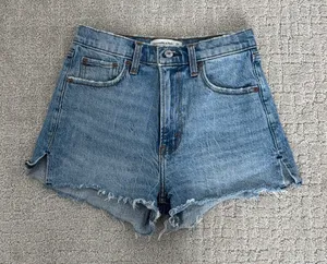 A&F “the mom short high rise ” cutoff distressed medium wash blue denim shorts thumbnail 1