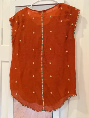 THML Anthropologie rust-orange sleeveless blouse geometric embroidery size M thumbnail 4