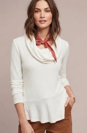 🤍✨ Maeve by Anthropologie Ivory Ribbed Cowl Neck Peplum Top‎ XS ✨🤍 thumbnail 1