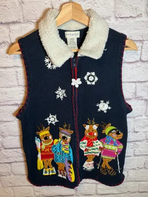 White Stag Ugly Christmas Sweater‎ Vest Reindeer Skiing Snowflakes Faux Fur L thumbnail 1