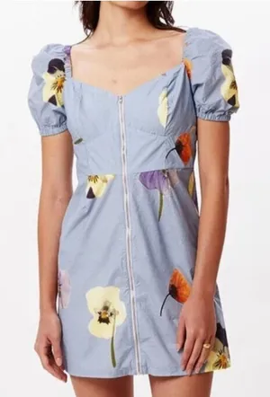 Obey NWT Redux Dress Opal Multi Floral Pansy Blue Cotton Mini Puff Sleeve Size M thumbnail 1