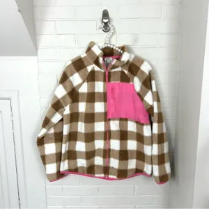 J.Crew Tan & White Check Plaid Fleece Zip Up Jacket Size M thumbnail 2
