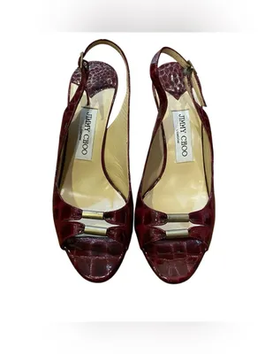 Jimmy Choo Trellis Bordeaux Croc Patent Leather Slingback Heels Women Size 37.5 thumbnail 2