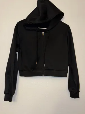 Black Cropped Full Zip Hoodie Sweatshirt Medium Drawstring Long Sleeve M thumbnail 1