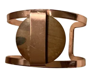 Vintage Boho Rose Gold Tone Open Cuff Bracelet with Round Wood Accent Center thumbnail 1