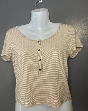 American Eagle Outfitters Shirt Womens Small Beige Stripe Button Front Cropped thumbnail 1