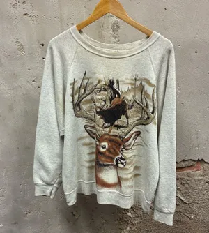 Vintage Early 90s Gray Raglan Cut Nature Deer Graphic Sweatshirt XL Distressed thumbnail 1