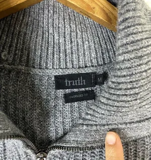 TRUTH Gray Wool Cotton Blend Chunky Knit Quarter Zip Oversized Sweater thumbnail 3