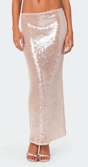 Edikted Riki Sheer Sequin Maxi Skirt in Light Pink thumbnail 1