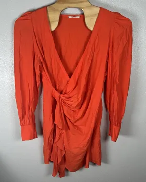 Showpo Long Sleeve Mini Dress Size US14 Bright Orange Faux Wrap Ruffle thumbnail 1