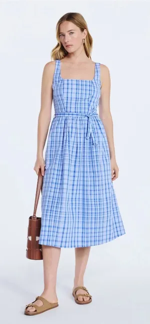 Free Assembly blue plaid Sleeveless Belted Cotton Midi Dress NWT thumbnail 1