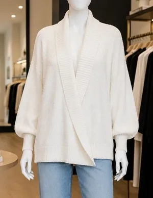 LOFT Womens Sweater Cream Wrap Front Boucle Balloon Sleeve‎ XL thumbnail 1