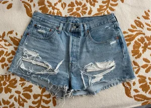 Levi's 501 Blue Distressed Jean Shorts with Frayed Hem thumbnail 1