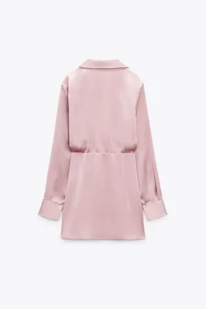 mini dress satin effect drapped long sleeve pink party wedding coctail thumbnail 9