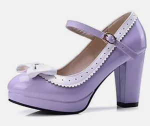 Women’s Purple Chunky Heel Mary Jane Pumps Cute Bow Round Toe Size 8 NEW thumbnail 1