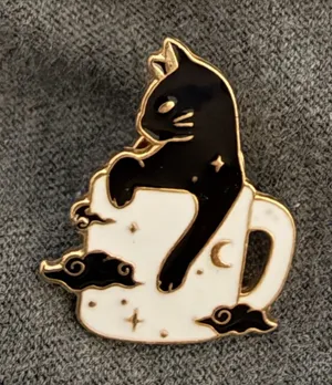 Black cat in mug enamel pin thumbnail 1