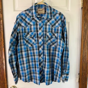 Wrangler Western Snap Shirt Plaid Long Sleeve Cowboy Blue White‎ Silver Treaded thumbnail 7