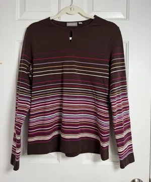 croft & barrow Brown Long-Sleeve Striped Tee with Pink Accents thumbnail 1