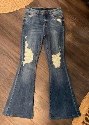 Judy Blue Medium Wash Distressed Flare Jeans 5/27 thumbnail 1