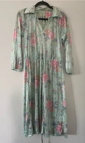 Floral Mint Green Pink Satin Maxi Dress Medium Spa Resort Lounge Caftan Beach thumbnail 1