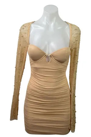 Oh Polly Orange Beaded Long Sleeve Open Back Ruched Mini Bodycon Dress Size S thumbnail 1