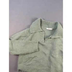 Lush Womens Sage Green Ribbed Knit Polo V-Neck Cropped Sweater Small thumbnail 2