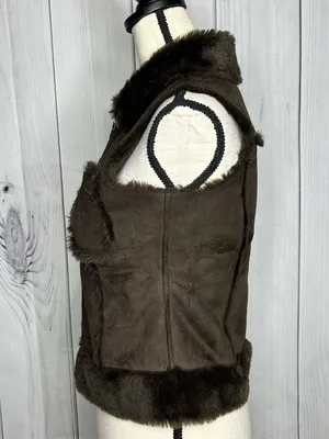 Bebe Faux Fur Suede Vest Womens Sz XS Brown Full Zip Vintage thumbnail 4