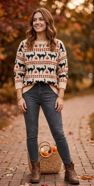 Source Unknown Halloween Sweater XL Black Cat Pumpkin Jack O Lantern Cream Knit Pullover thumbnail 1