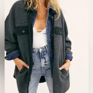 Free People Ruby Jacket Oversized Shacket Fleece Distressed Washed‎ Black Size M thumbnail 9